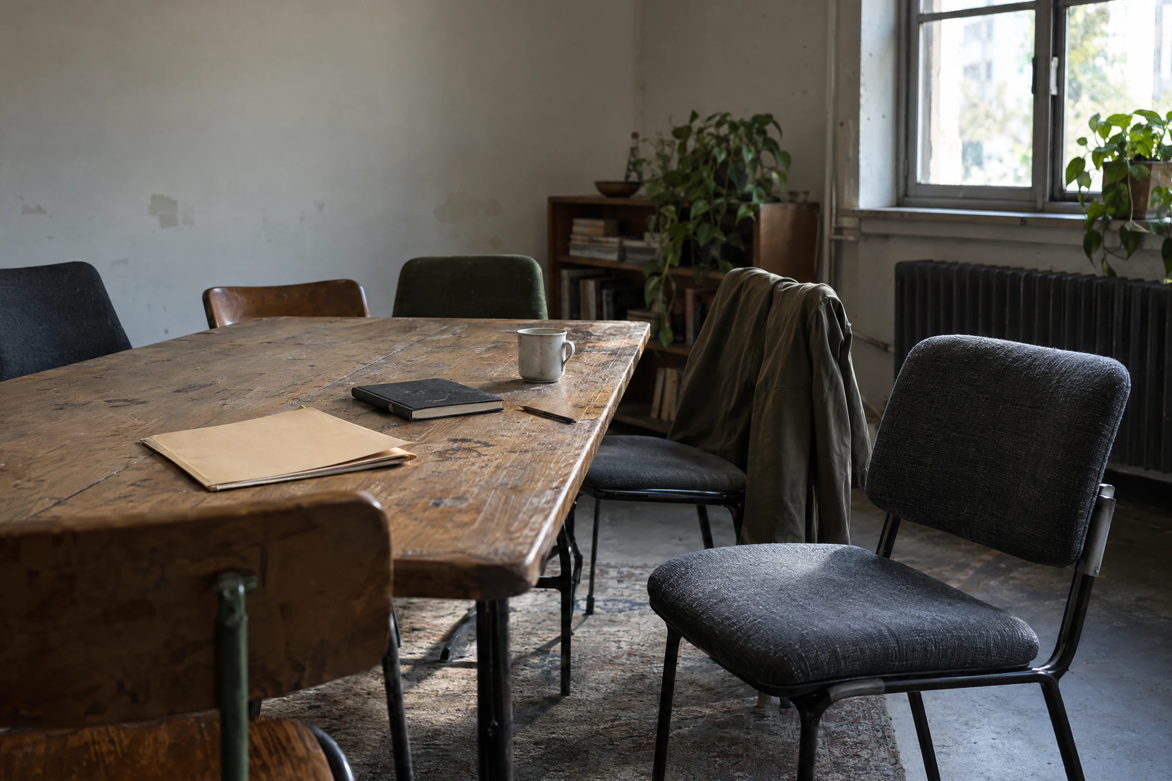 An empty chair in a circle of mismatched chairs around a worn wooden meeting table, lit by a cool patch of window light.