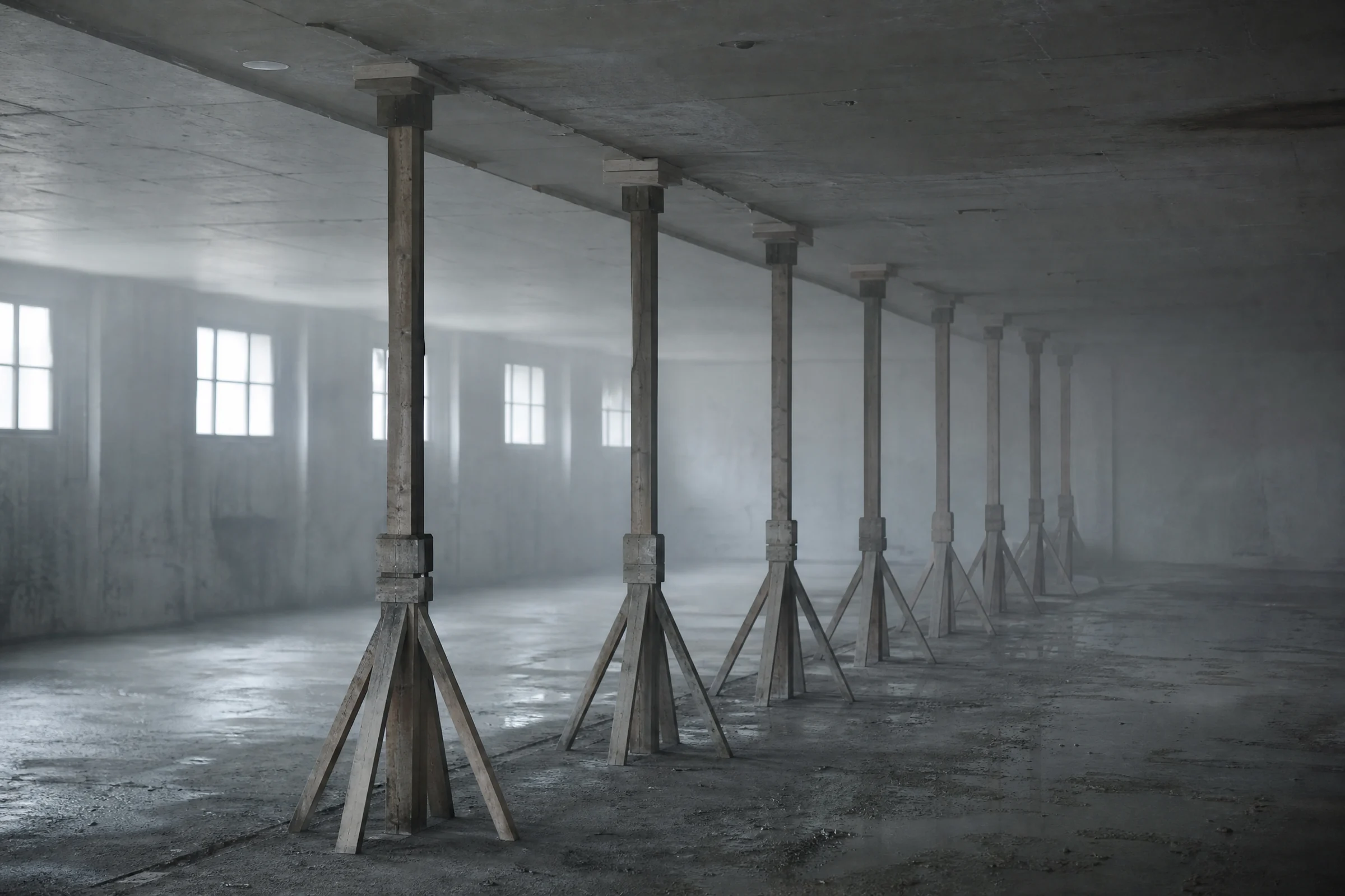 A row of timber shoring props standing in an empty concrete building, supporting nothing